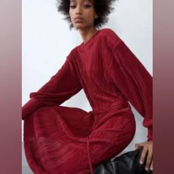 Zara small burgundy plisse midi dress - Picture 4 of 8